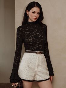 Anewsta Black Lace Ruffle Double Layer Bell Sleeve Fitted Long Sleeve Women's Top T-Shirt - Black - View 4