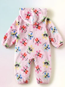 THE POWERPUFF GIRLS X SHEIN Baby Girl Cartoon Pattern Zipper Front Hooded Autumn Romper - Pink - View 2