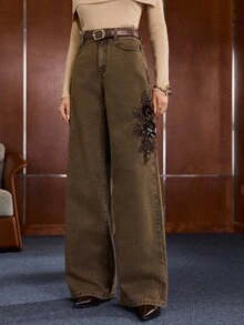 Anewsta Celana Jeans Lurus dengan Bordir Renda Manik-Manik - Coffee Brown - View 5