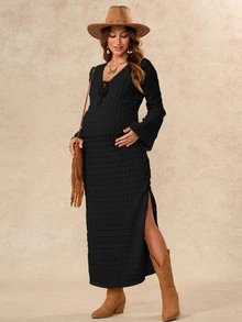 Boho Mama Gaun Hamil Polos Warna Polos dengan Ikatan Depan, Leher V, Lengan Lebar, dan Belahan Samping, Model Kasual untuk Musim Gugur - Hitam - View 9