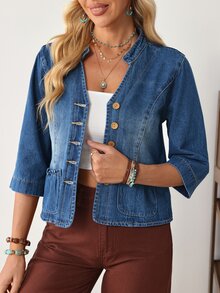 EMERY ROSE Women's 3/4 Sleeve Single-Breasted Casual Denim Jacket - Blue - View 5