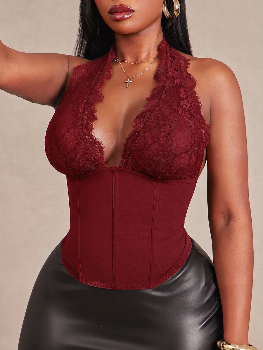 SHEIN SXY 黑色彈性蕾絲掛脖無袖性感女款上衣 - 酒紅色 - 查看 1