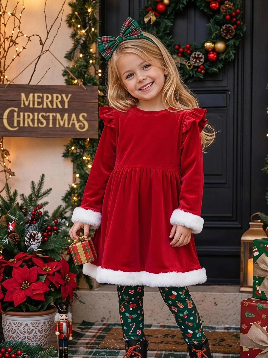 LMoss Kids Young Girl Young Girl Casual Minimalist Comfortable Collared Petal Sleeve Patchwork Contrast Color Dress - Multicolor - View 1