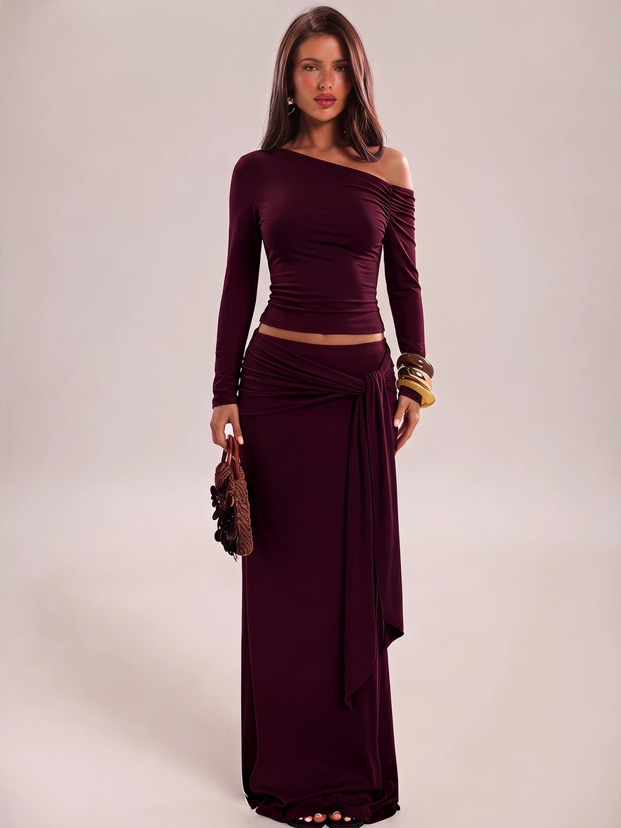 SHEIN BAE Conjunto de dos piezas de punto para mujer con top de hombro asimétrico marrón liso y falda larga, elegante conjunto de dos piezas para otoño/invierno - Rojo violeta - Ver 1