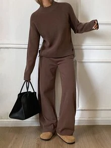 DAZY Autumn/Winter High Neck Coffee Color Solid Knit Loose Lazy Casual Home Wear Matching Wide Leg Pants Women's Sweater 2 Pieces Set - Brown - View 3