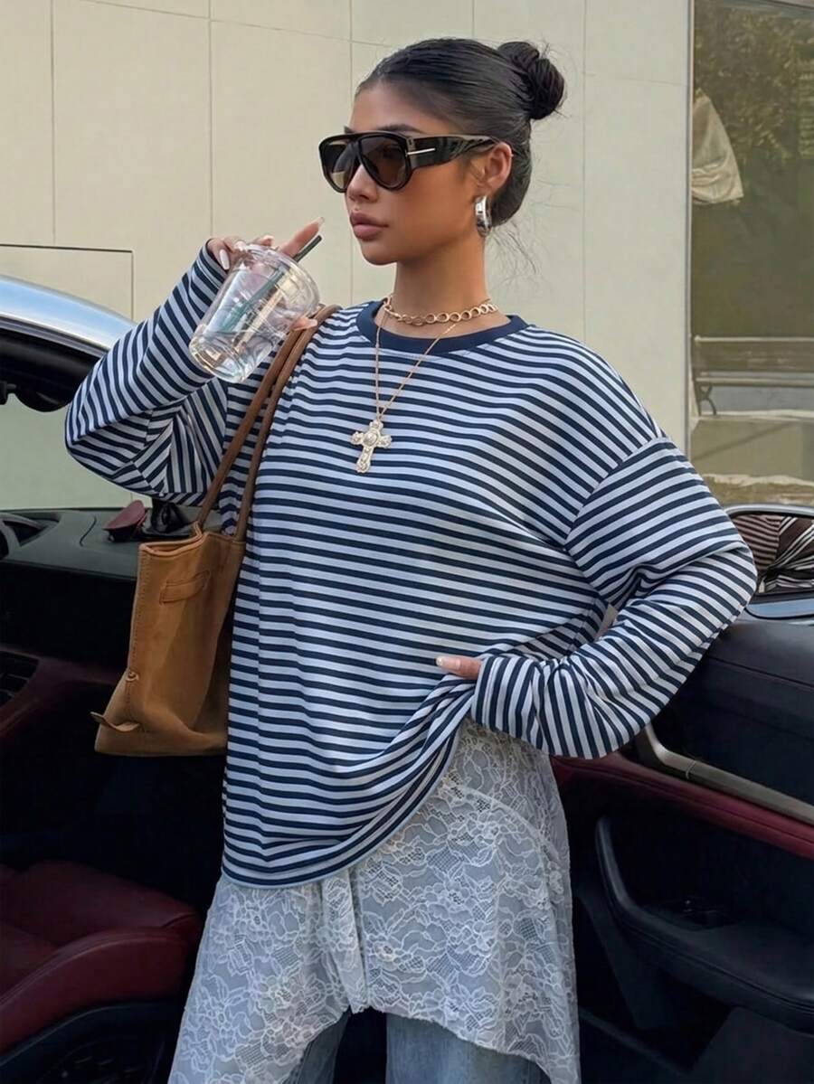 Muchica 休閒簡約復古Y2K百搭藍色條紋女款夏季圓領長袖寬鬆T恤,音樂節穿搭,派對穿搭 - 彩色 - 查看 1