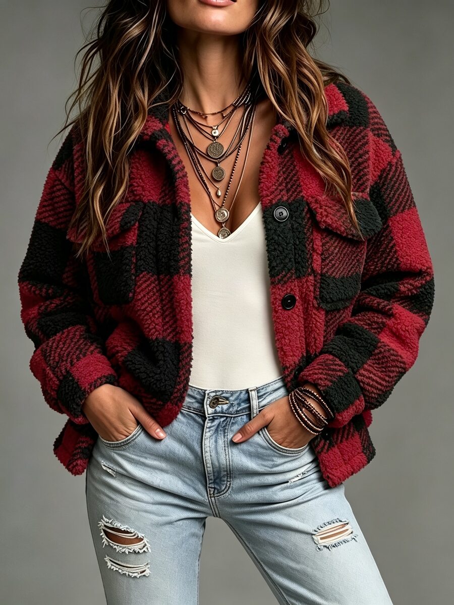 SHEIN Women's Plaid Pattern Long Sleeve Button Front Fashion Casual Jacket - Red - View 1