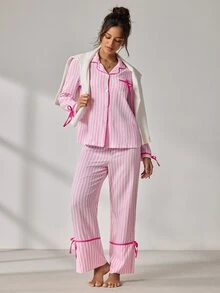 EverLounge Women's Pink & White Vertical Striped Bowknot Long Sleeve Single-Breasted Top And Elastic Waist Long Pants Pajama Set - Pink - View 2