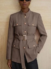 Aveloria Modichic Small Stand Collar Tweed Single-Breasted Metal Button Decor Belted Utility Jacket - Brown - View 5