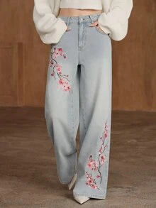 Anewsta Women's New Fashion Luxurious Heavy Embroidery Blue Jeans Straight Leg Pants - Blue - View 4