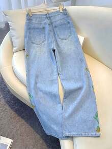 SHEIN MOD Women's Printed Denim Jeans - Light Wash - View 2
