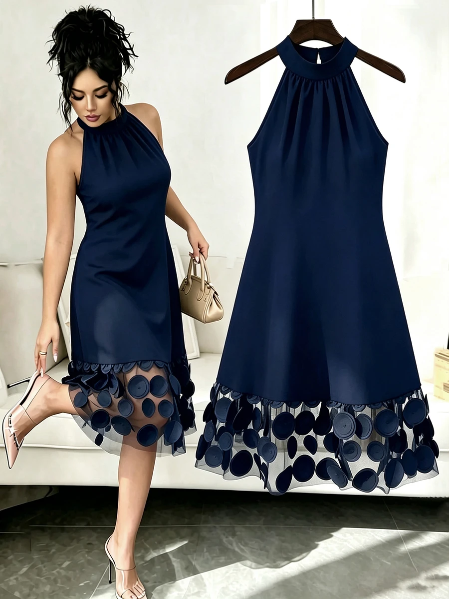 GlowEve CURVE Plus Size Elegant Patchwork 3D Mesh Dress - Navy Blue - View 1