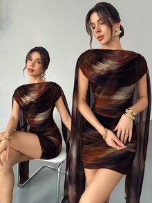 Firerie Dark Brown Chic Sexy Women's Ruched Mesh One Shoulder Mini Dress Abstract Pattern Bodycon Fit For Evening Events Night Elegant Party Formal New Year - Multicolor - View 2
