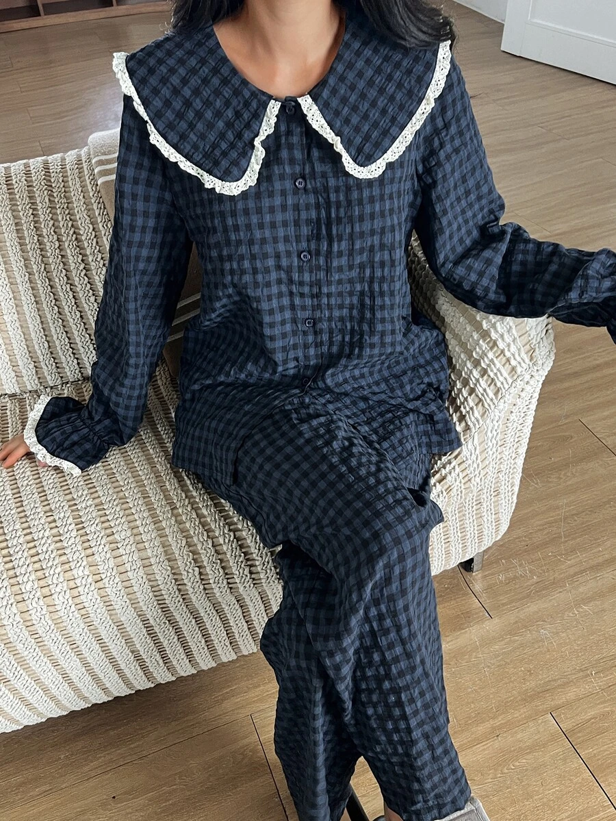 DAZY Women's Plaid Colorblock Long Sleeve Top And Pants Casual Daily Home Sleepwear Set - Navy Blue - View 1
