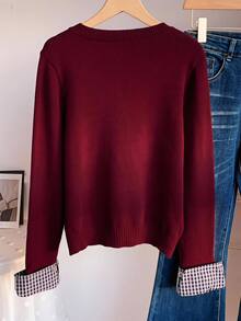 Comfortcana Women's Patchwork Plaid Cuff Single-Breasted Knit Cardigan - Burgundy - View 2