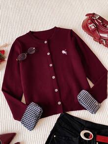 Comfortcana Women's Patchwork Plaid Cuff Single-Breasted Knit Cardigan - Burgundy - View 4