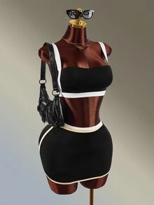Amplova Women's Black & White Contrast Wide Strap Sports Bra + Skort Sports Set - Black and White - View 4