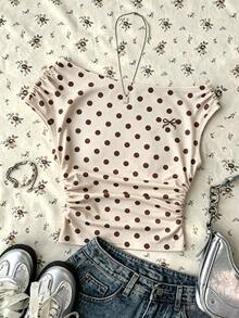 Teen Girls Apricot Casual Minimalist Fitted Asymmetrical Shoulder Ruched Cropped Top, Suitable For Spring/Summer, Personalized Outfit, Daily Wear - White - View 9