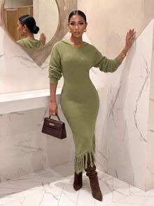 Slaydiva Hooded Off Shoulder Fringe Knit Maxi Dress Bodycon Mermaid Dress-A - Green - View 6