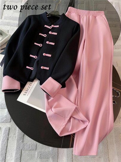 Resyla Conjunto de mujer nuevo para otoño/invierno, estilo chino con botones de rana y contraste de color, top + pantalones largos, camisa vintage casual de cuello abierto + pantalones de pierna ancha, estilo elegante de dinero antiguo minimalista, top negro de manga larga + pantalones, conjunto rosa para ir al trabajo, conjunto negro holgado para otoño/invierno, adecuado para uso diario en casa, caminatas al aire libre y reuniones