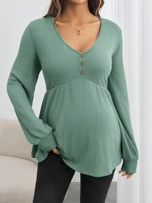 SHEIN Maternity Button-Front Long Sleeve V-Neck Loose Fit T-Shirt - Green - View 3