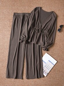 CosyJoli Plus Size Women's Casual Brown Waist Tie Long Sleeve Top And Pants Set Casual Going Out 2 Pieces Set For Women Fall/Winter Casual Office Work Sets - Coffee Brown - View 2