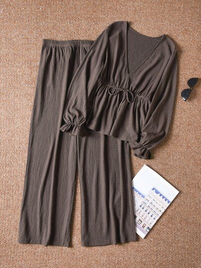 CosyJoli Plus Size Women's Casual Brown Waist Tie Long Sleeve Top And Pants Set