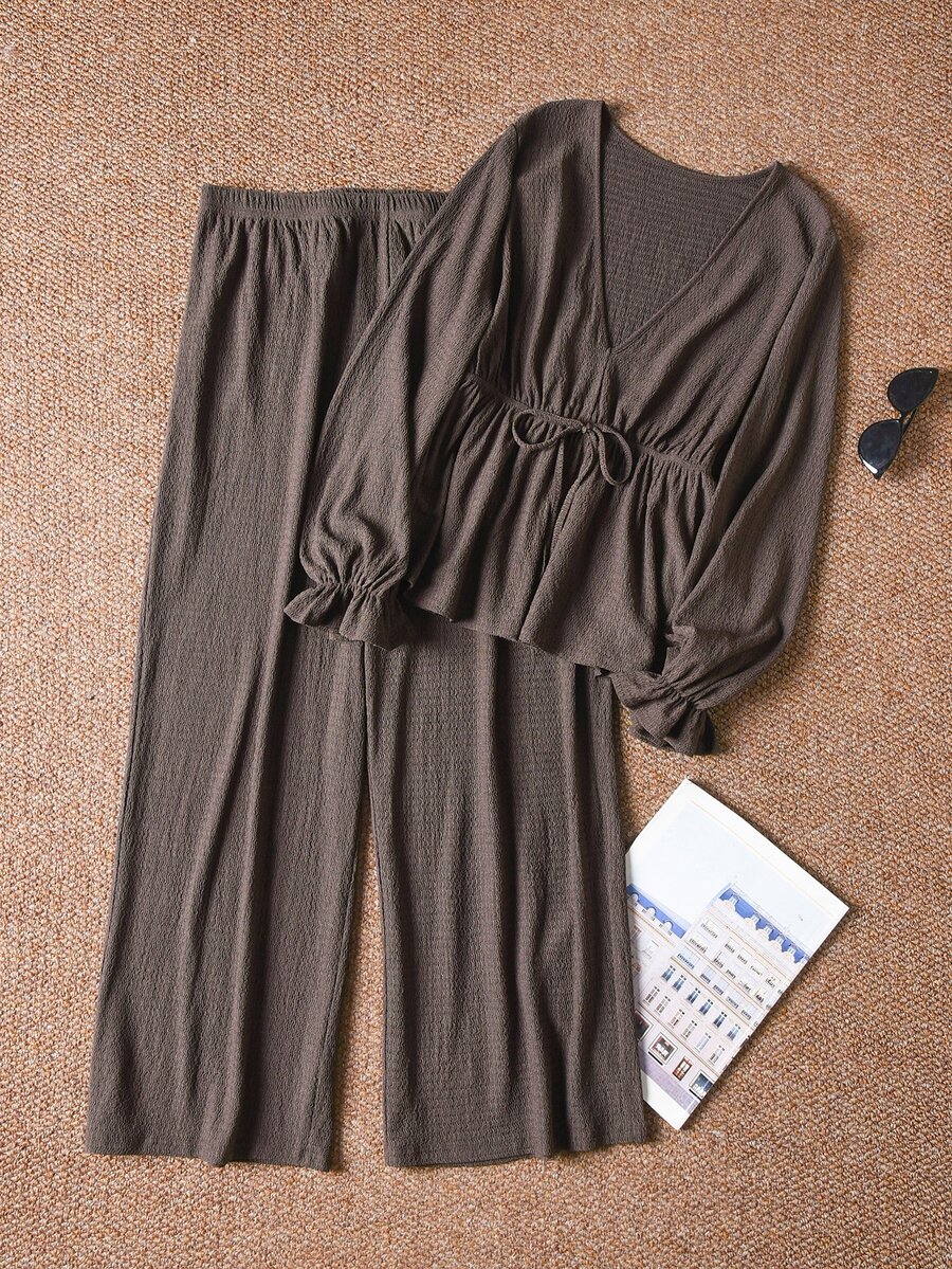 CosyJoli Plus Size Women's Casual Brown Waist Tie Long Sleeve Top And Pants Set Casual Going Out 2 Pieces Set For Women Fall/Winter Casual Office Work Sets