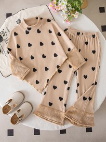 SHEIN Elladie kids 女童休閒兩件式T恤與長褲套裝，春秋冬季適用，不對稱套頭高領深棕色針織羅紋刷毛布料，極地抓絨袖子拼接長袖上衣，極地抓絨袖口拼接休閒喇叭褲，適合返校、日常穿著、學校、外出、旅行與派對 - 卡其色 - 查看 5
