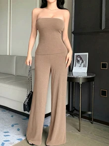DAZY 女款3件套：灰色條紋抹胸上衣、細肩帶背心、開襟衫、T恤與直筒長褲，寬鬆休閒通勤居家穿搭，秋冬/夏季 - 卡其色 - 查看 4