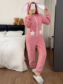 Napfluff Star Pattern 3D Ear Design Hooded Jacquard Flannel Comfortable Sleep One-Piece Suit, Fluffy And Soft, Suitable For Autumn And Winter Wear - Pink - View 4