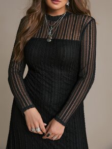 Freevana 女款大尺碼長袖洋裝，假領設計，黑色蕾絲內襯，彈性面料，優雅性感派對風，秋冬女裝 - 黑色 - 查看 6