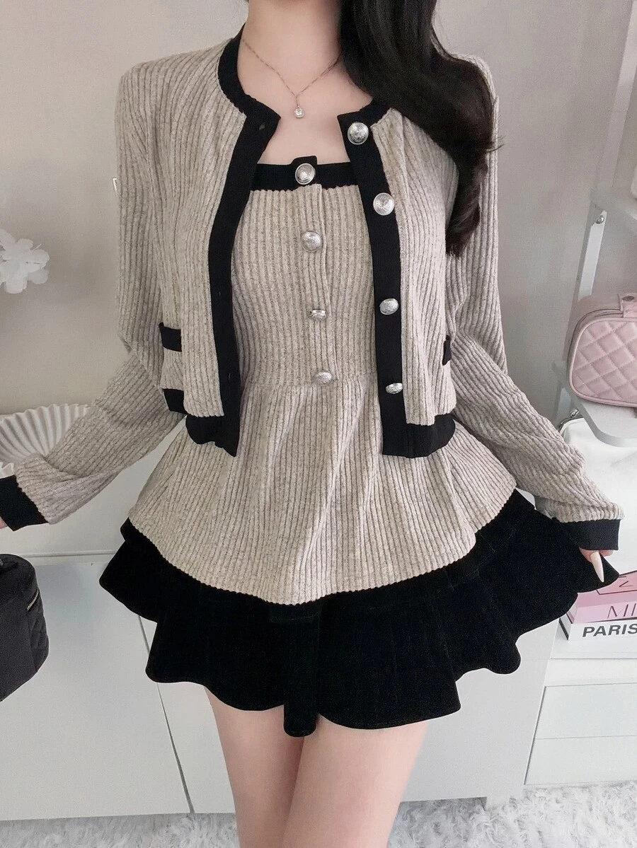 FRIFUL Women's Contrast Trim 3D Button Decor Camisole Top And Casual Loose Cardigan 2 Pieces Set - Apricot - View 1