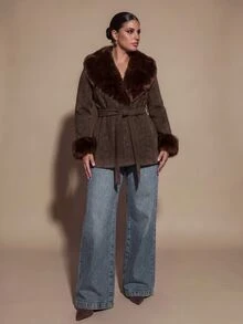 SHEIN BAE CURVE Plus Size Women Long Sleeve Overlap Design Belt Splicing Fur Collar Jacket - Multicolor - View 3