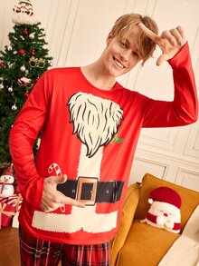 Notgurli Christmas Themed Print Men's Loungewear Top - Red - View 7