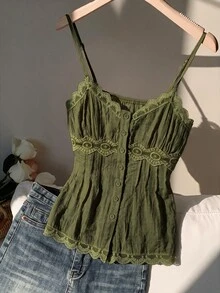 Comfortcana 女款蕾絲拼接收腰綠色細肩帶背心 - 軍綠色 - 查看 6