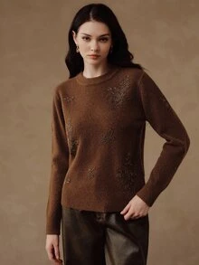 Anewsta Women's Round Neck Knitted Pullover Embroidered Sweater - Brown - View 3
