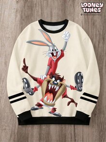 LOONEY TUNES X SHEIN Daypath 男士圓領對比飾邊卡通印花休閒日常百搭長袖衛衣 - 杏色 - 查看 3