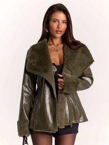 SHEIN BAE Women's Green Lapel Collar Zipper Front Long Sleeve Cinched Waist Versatile Jacket - Army Green - View 3