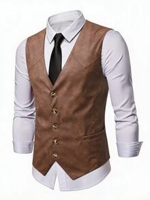 Manfinity Bizformal 男士棕色修身成熟休閒丹寧風百搭背心 - 棕色 - 查看 4