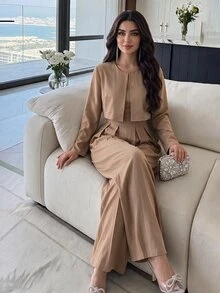 Feyla Setelan 2 Potong Wanita Polos Slim Fit Jumpsuit & Jaket Ultra Pendek Modis Minimalis - Coklat - View 3