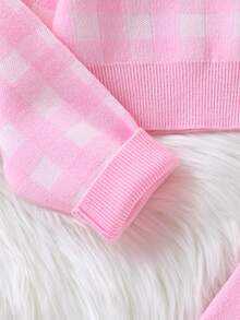 SHEIN Tween Girl Autumn/Winter Fashion Knit Cardigan + Striped Pleated Mini Skirt Set - Pink - View 7