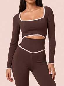 SHEIN BAE Women's Square Neck Trim Waist Cutout Long Sleeve Sports Jumpsuit - Coffee Brown - View 5