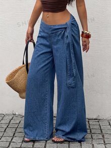 SHEIN Tall 女款側腰綁帶水洗休閒牛仔寬腿褲 - 中等水洗藍 - 查看 4