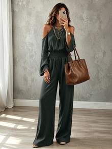 Omancia Women's Cold Shoulder Cinched Waist Daily Jumpsuit - Dark Green - View 3