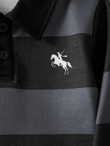 SHEIN Explorewe 男童條紋撞色學院領針織休閒寬鬆復古美式長袖 Polo 衫，適合校園與日常穿著 - 黑色 - 查看 5