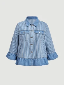 EMERY ROSE Plus Size Women's Striped Pleated Casual Daily Denim Jacket - Blue - View 3