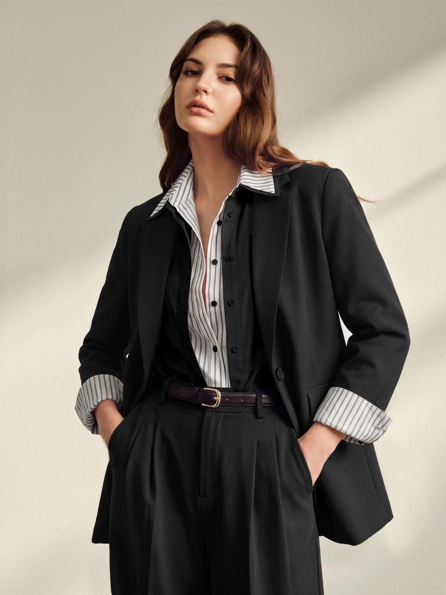 Anewsta Women's New Vintage Preppy Casual Lazy Commute Striped Patchwork 2 In 1 Polo Collar Long Sleeve Drop Shoulder Blouse - Black - View 1