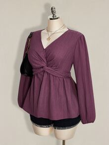 SHEIN ICON 女款大尺碼黑色扭轉胸前紋理燈籠袖上衣 - 紫色 - 查看 4