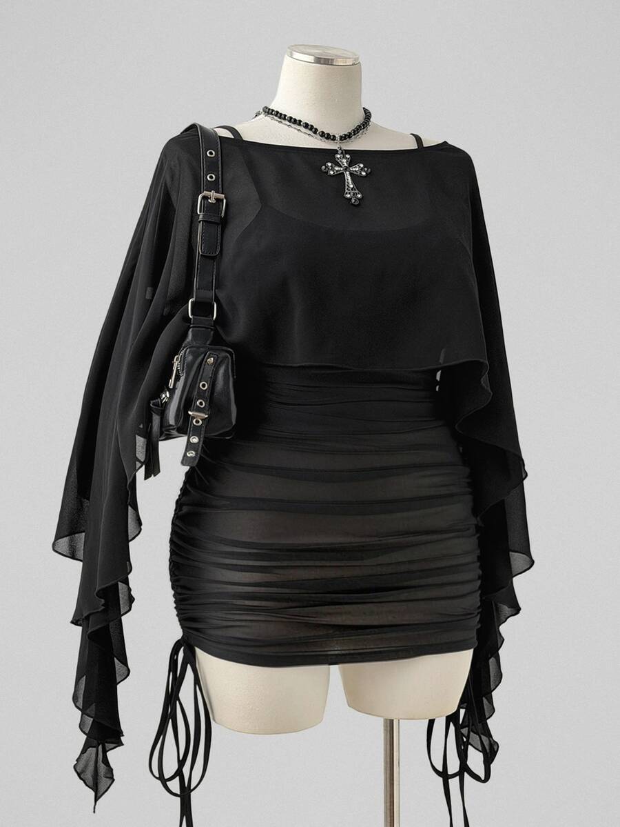 Sunspun Plus Size Spring/Summer Sheer Top & Fitted Drawstring Camisole Dress 2 Pieces Set - Black - View 1